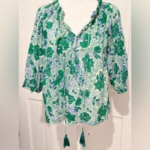 Ro’s Garden Green Blue 100% Cotton Blouse Sz Large Anthropologie Boho Vibes